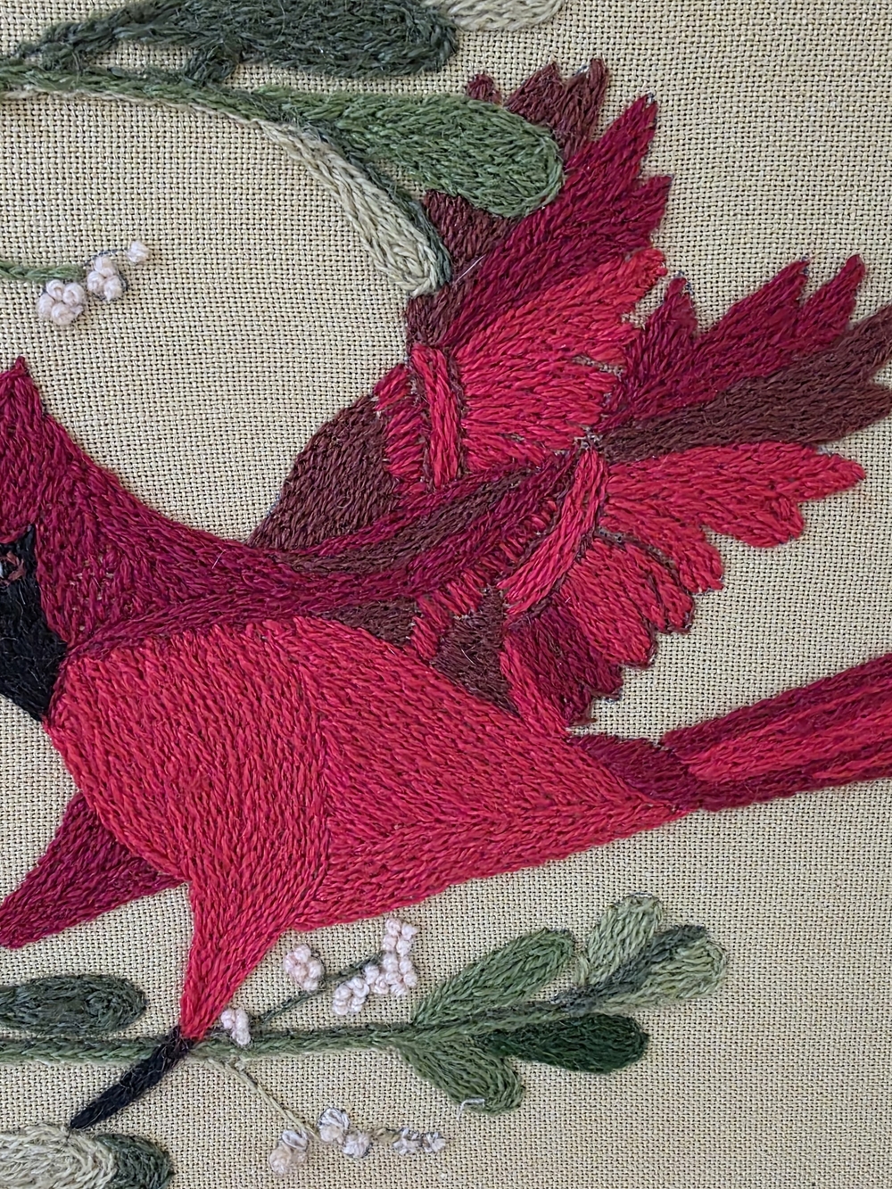 Vintage Mid Century Modern Crewel Embroidery Cardinals Mistletoe Framed Wall Art - Picture 7 of 16